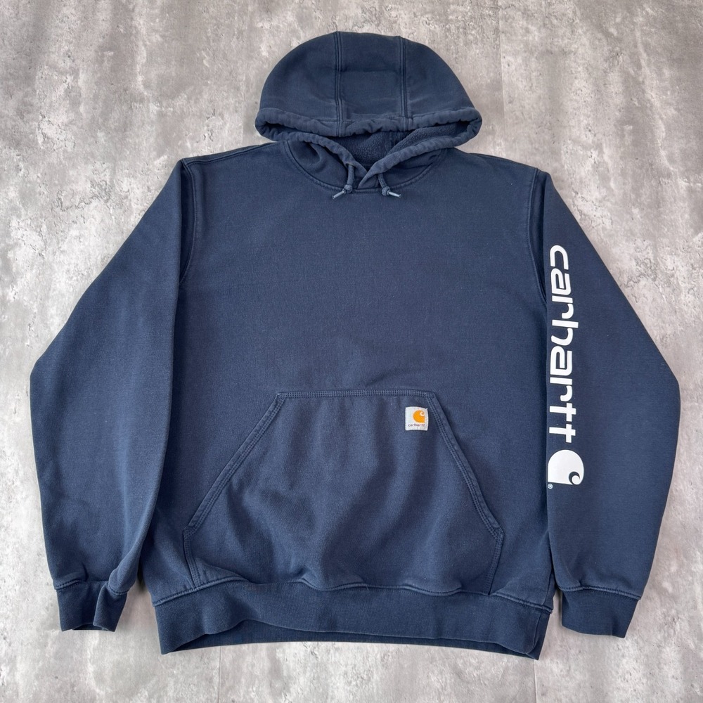 Carhartt Hoodie Mens Large Navy Blue Sleeve Logo Pullover Sweatshirt K288